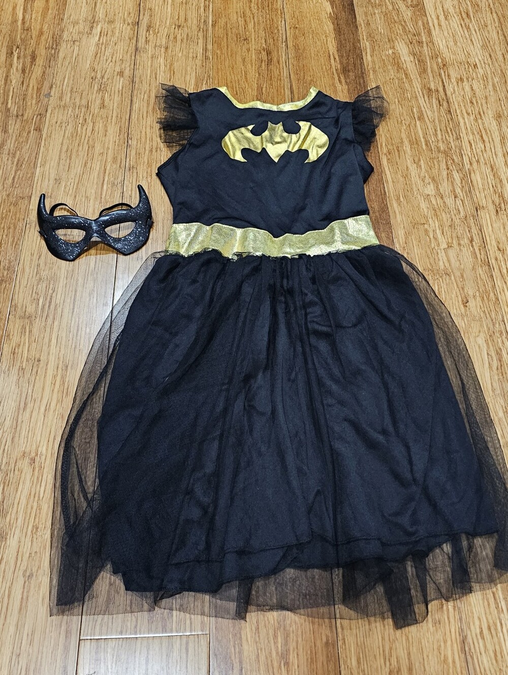 DC Comics Batgirl Costume Dress & Mask Girls Large 10-12 Black Gold Glitter Tull